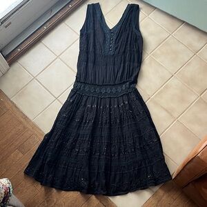 Signature JMB 100% Cotton Black Midi Dress Beaded, Lacey, BOHO, whimsical, Gypsy